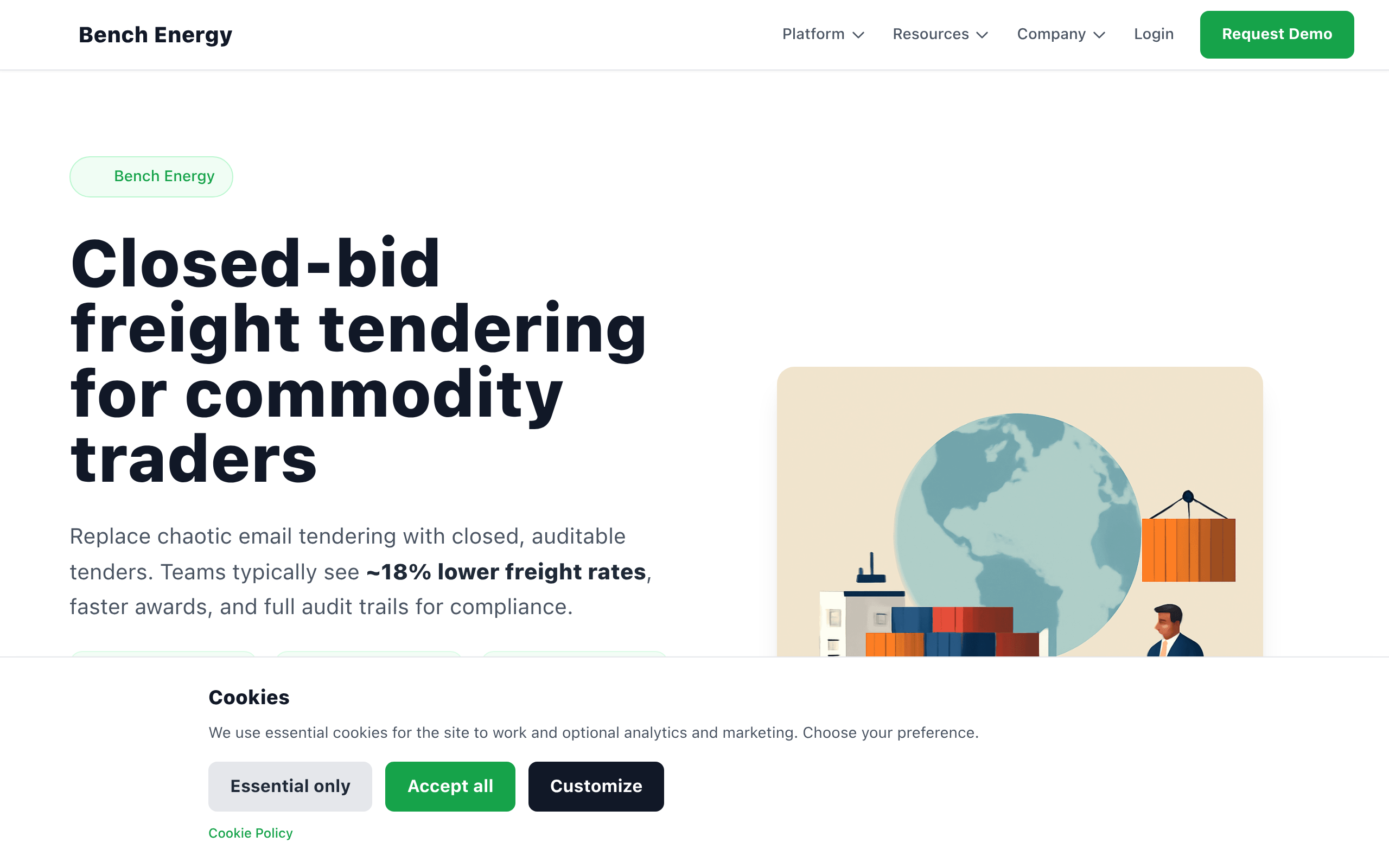 Bench Energy $100 website-style homepage screenshot — freight tendering and coal market intelligence SaaS